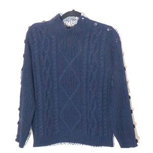 Venus Cable Knit Button Sleeves Navy Sweater Small